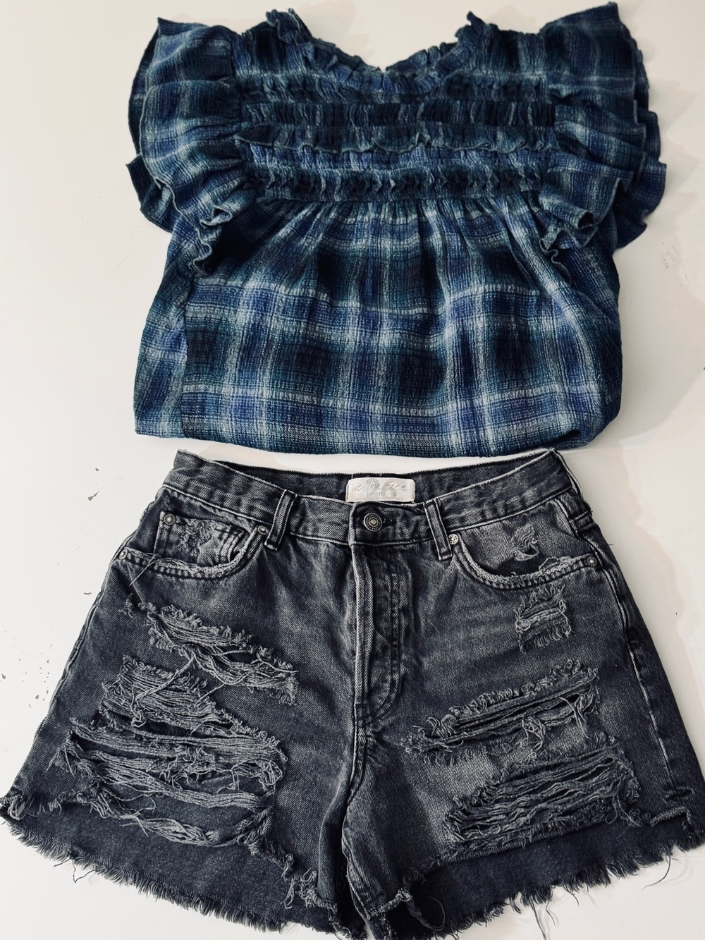 FREE PEOPLE "We the Free" Washed Distressed Denim Shorts & Matching Shirt.